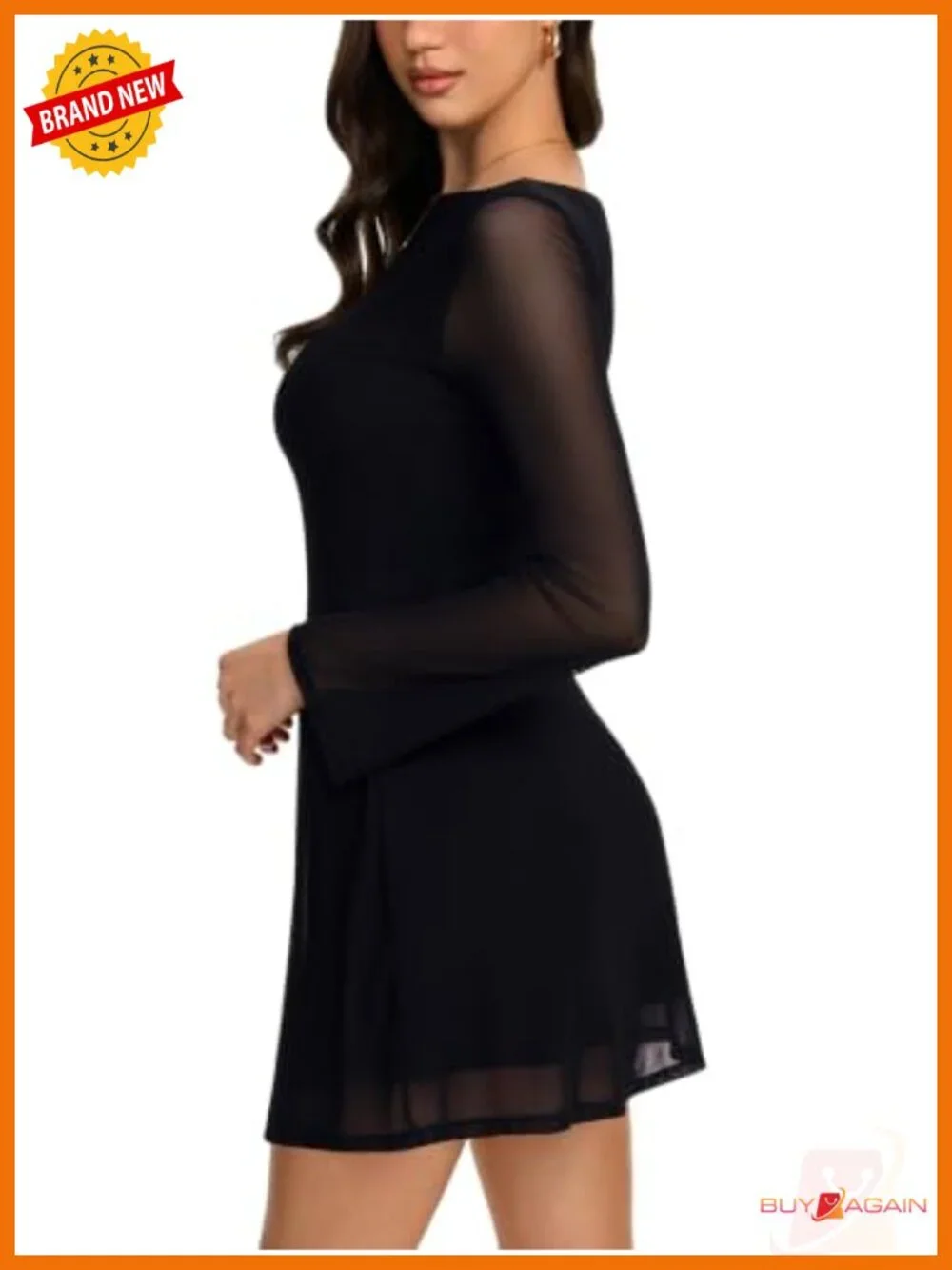 Mesh Bell Sleeve Mini Dress Long Sleeve Crew Neck A-Line Formal
